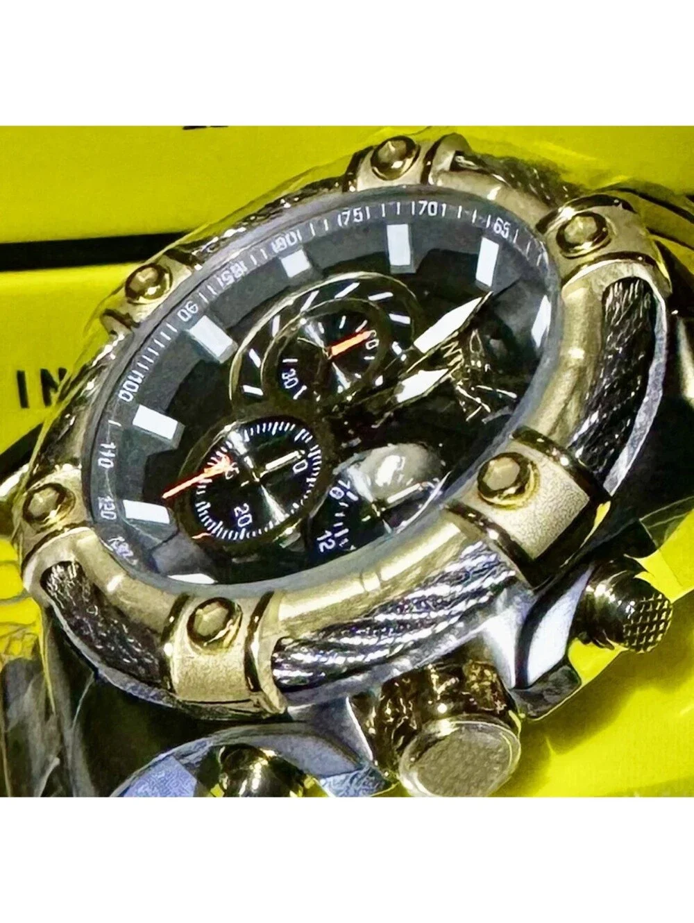 Invicta Bolt Ace Men's Watch Quartz Chronograph Gold Silver Black Steel 49748 ‼️